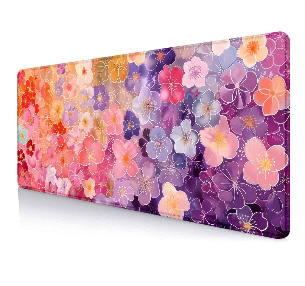 Large Mouse Pad Mousepad, Pink Flowers in a Blue Desk Mats for Desktop, Watercolor Beautiful Floral Laptop Computer Desk Pad, Non-Slip Rubber Base Desktop Mat, 31.5 x 11.8 inches