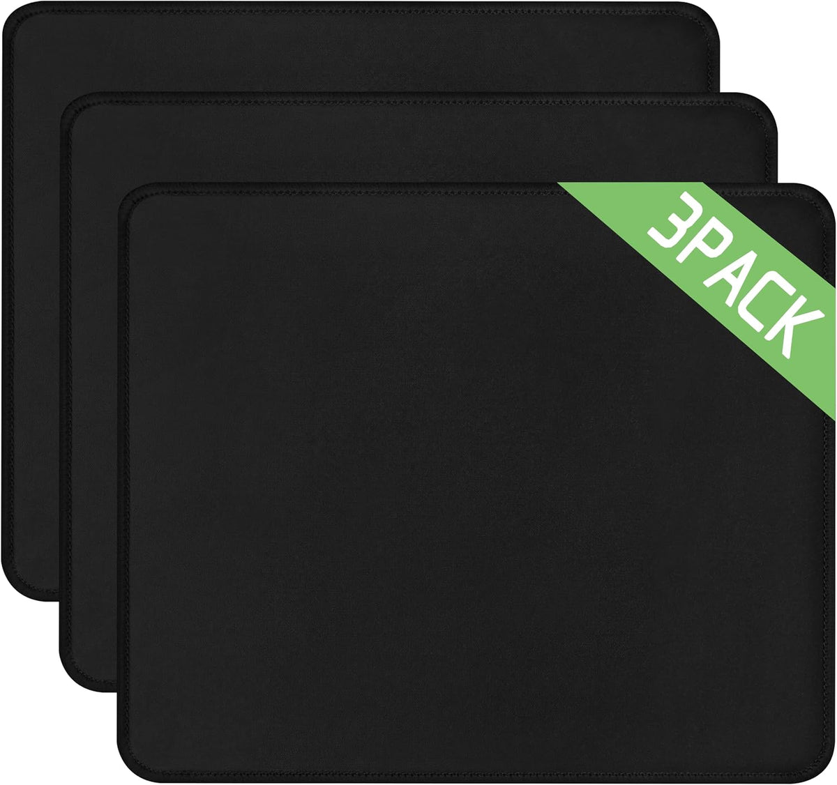 3 Pack Mouse Pad, Stitched Edges and Non-Slip Rubber Base, Black