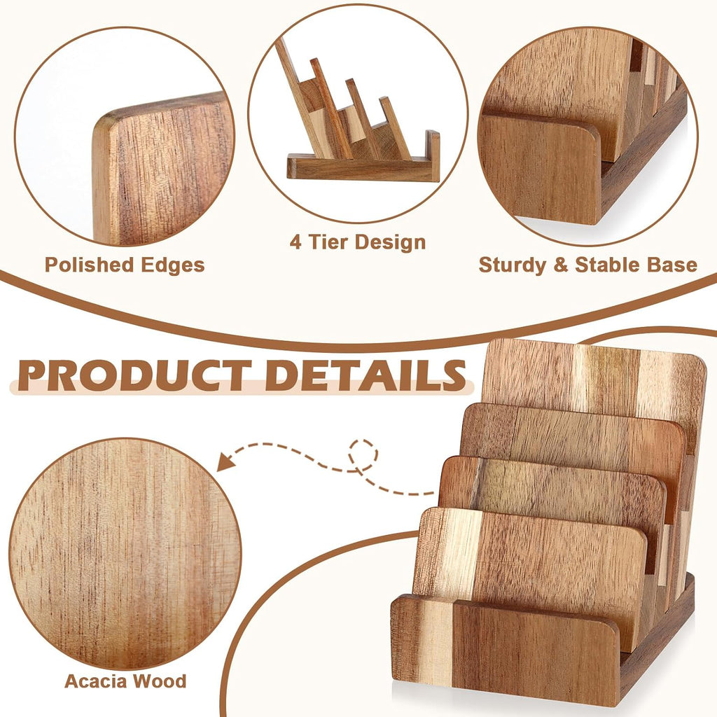 Acacia Wood Business Card Holder 4 Tier Multiple Business Card Display Stands Desktop Business Card Organizer 4 Slots Gift Card Rack Index Card Storage for Office Exhibition Meeting Home Men Women