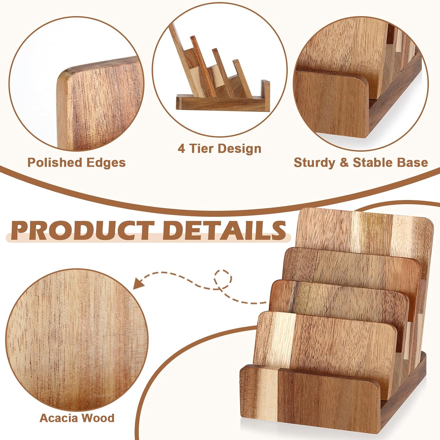Acacia Wood Business Card Holder 4 Tier Multiple Business Card Display Stands Desktop Business Card Organizer 4 Slots Gift Card Rack Index Card Storage for Office Exhibition Meeting Home Men Women