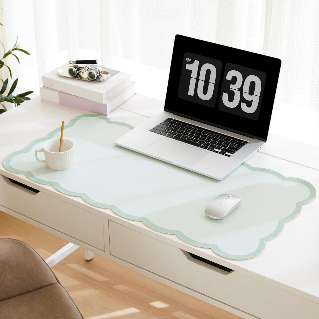 Scalloped Desk Mat, 31.5" x 15.7" Large Cute Aesthetic Desk Accessories, PU Leather Computer Laptop Desk Mouse Keyboard Pad, Desk Writing Mat for Vanity/Work/Home Decor (Pink, 31.5" x 15.7")