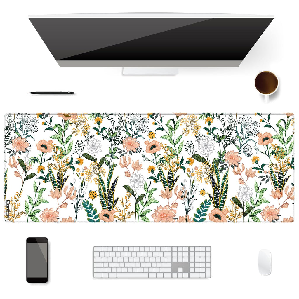 Extended Desk Mat (31.5x11.8 inch 3mm Thick), iDonzon Soft Cute Extra Large XXL Waterproof Gaming Mouse Pad with Non-Slip Rubber Base & Stitched Edges, for Working/Game, Garden Flowers