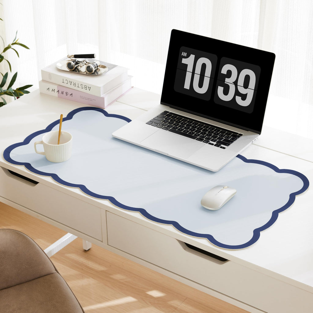 Scalloped Desk Mat, 31.5" x 15.7" Large Cute Aesthetic Desk Accessories, PU Leather Computer Laptop Desk Mouse Keyboard Pad, Desk Writing Mat for Vanity/Work/Home Decor (Pink, 31.5" x 15.7")