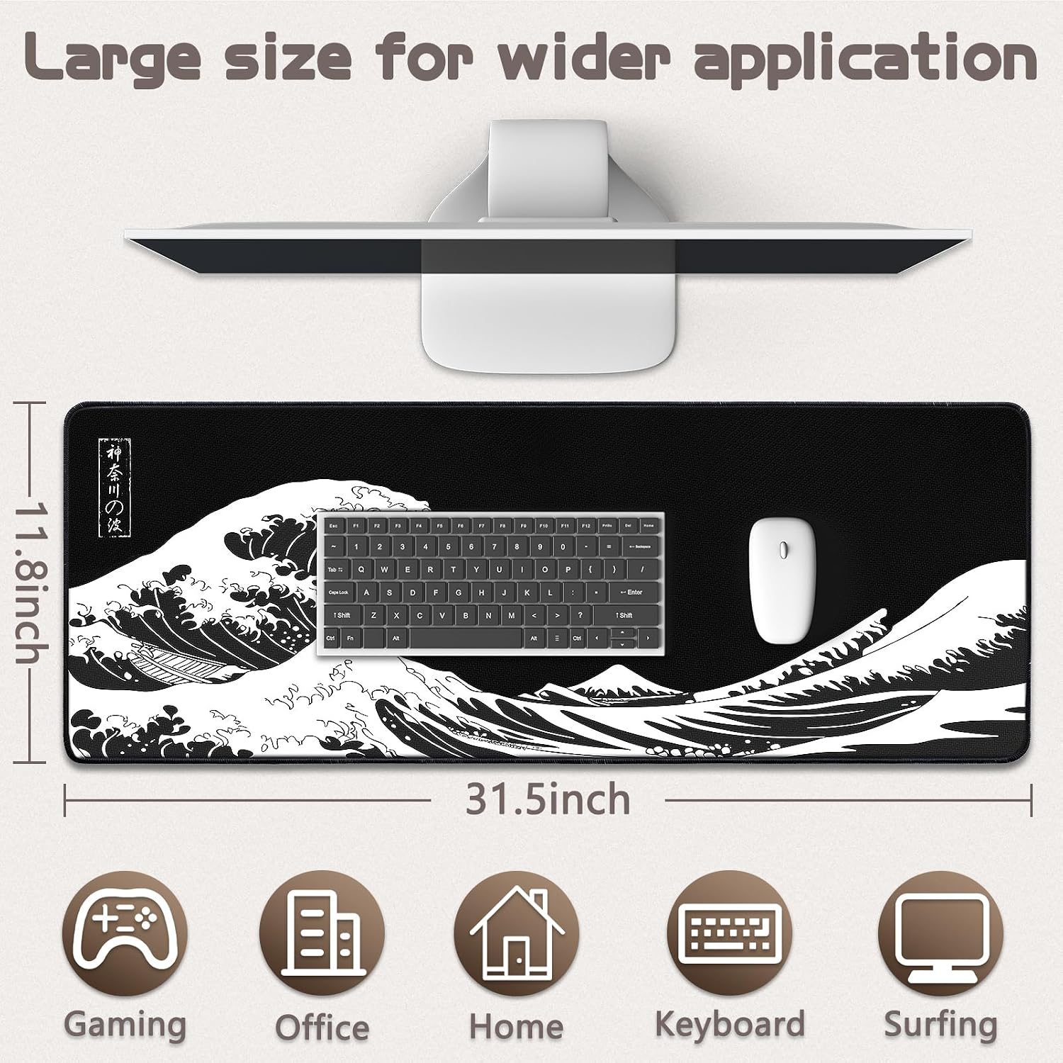 Mouse Pad Gaming - Desk Mat for Keyboard and Mouse - Kanagawa Large Mouse Pad for Desk, Japanese Sea Wave Mousepad (31.5 x 11.8inch) with Non-Slip Base, Desks Pad Mat for Game, Office and Home