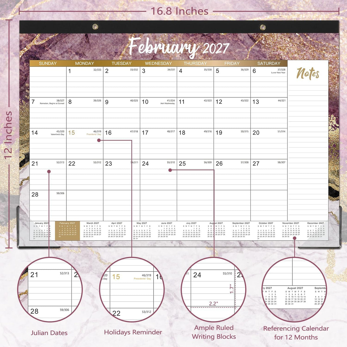 2027 Desk Calendar – Jan 2027 – Dec 2027, 12 Months Large Monthly Desk Calendar 2027, 17" x 12", Desk Pad, Ruled Blocks, To-do List & Notes, Tear Off, Best Desk/Wall Calendar, Gorgeous Marble Designs