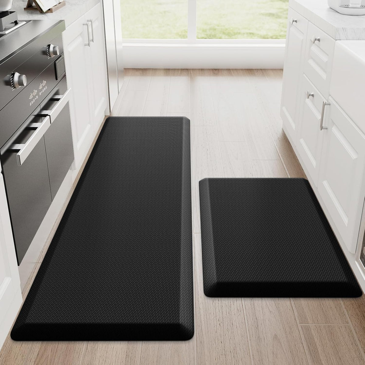 StepRite Kitchen Mats for Floor, 2-Piece Anti-Fatigue Kitchen Rugs, Black