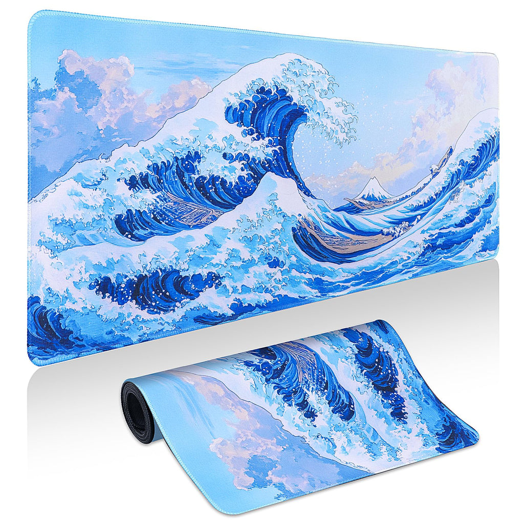 Mouse Pad Gaming - Desk Mat for Keyboard and Mouse - Kanagawa Large Mouse Pad for Desk, Japanese Sea Wave Mousepad (31.5 x 11.8inch) with Non-Slip Base, Desks Pad Mat for Game, Office and Home