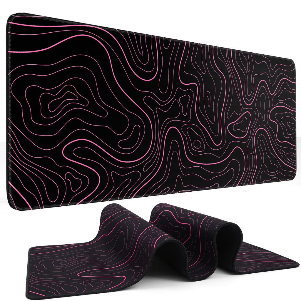 DIGSOM Gaming Mouse Pad, Black with White Topographic Line, 31.5x11.8in