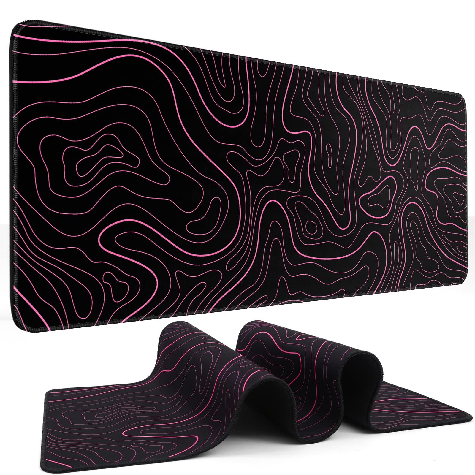 DIGSOM Gaming Mouse Pad, Black with White Topographic Line, 31.5x11.8in