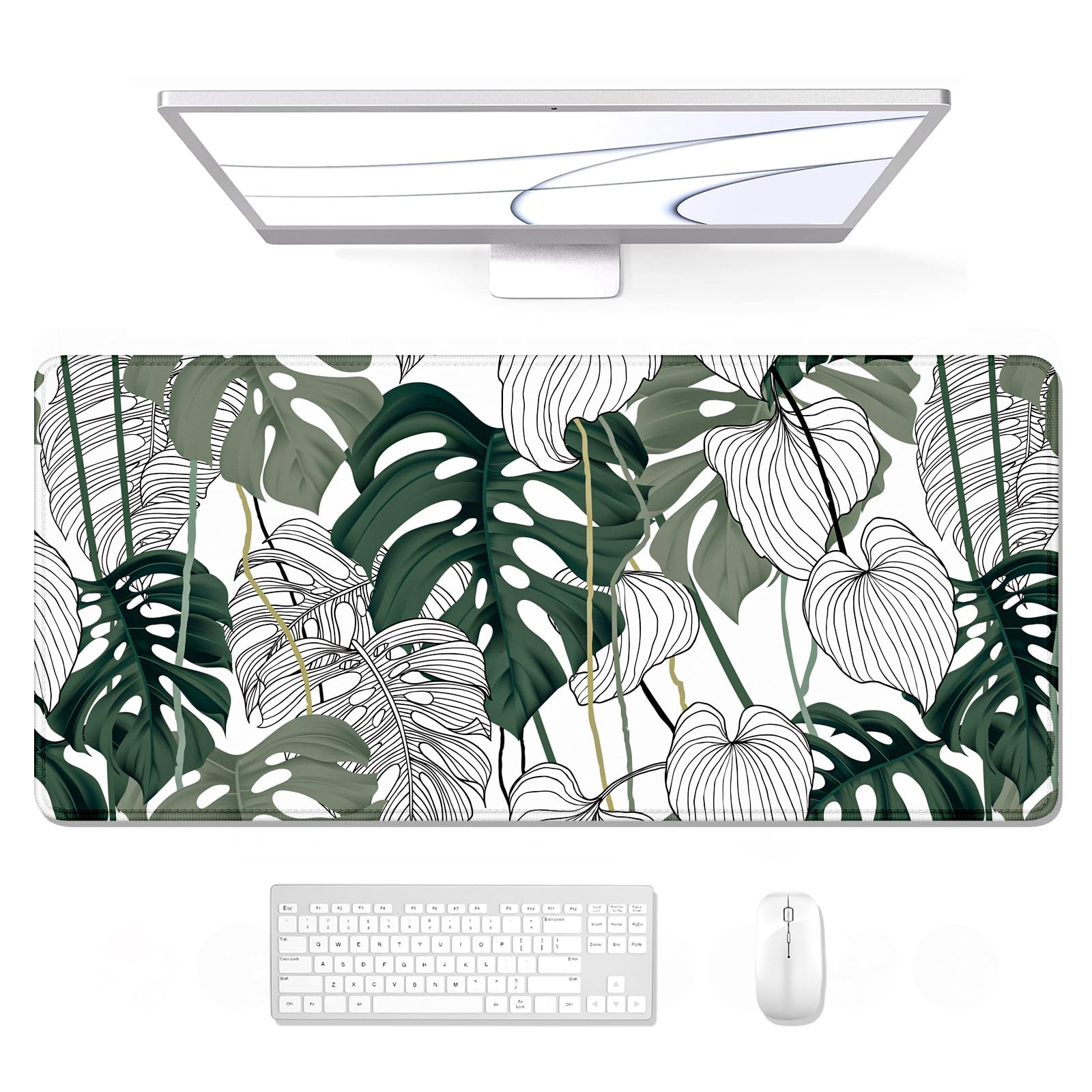 Auhoahsil Desk Mat, Ultra Large Mouse Pad, XXL Gaming Mousepad, Green Tropical Leaves Deskpad, Big Extended Full Size Mouse Pad, Desktop Desk Matt for Keyboard, Laptop & Computer, 35.5 x 15.7 in