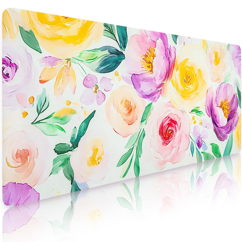 Bloss Pink Floral Desk Mat Cute, Leather Desk Pad, 31.5 x 15.7 Inch