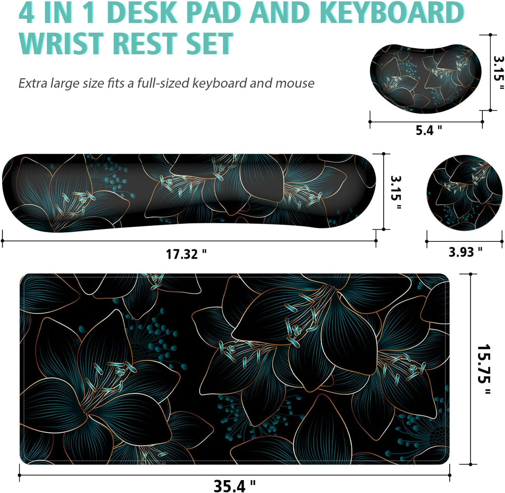 Keyboard Mouse Pad Set,Large Gaming Mouse Pad+Keyboard Wrist Rest+Wrist Rest+Coaster,Computer Desk pad Set Wrist Support for Office Desktop Laptop. (35.4" x 15.7") Extended Desk Mat (Floral)