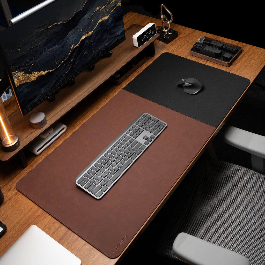 HAUTOCO Cork Desk Mat 31.5"x15.7", Distressed PU Leather & Cloth Desk Pad