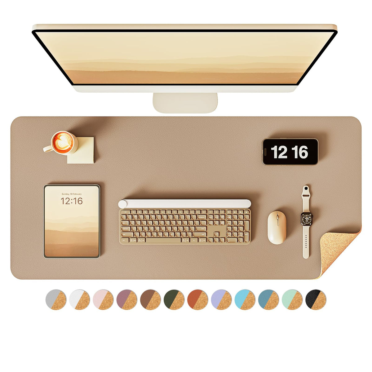 YSAGi Double-Sided Desk Pad, 31.5"x15.7"Leather Desk Mat, Eco Cork Desk Pad Protector,Large Mouse Pad,Waterproof Desk Blotter for Office/Home(Coffee)