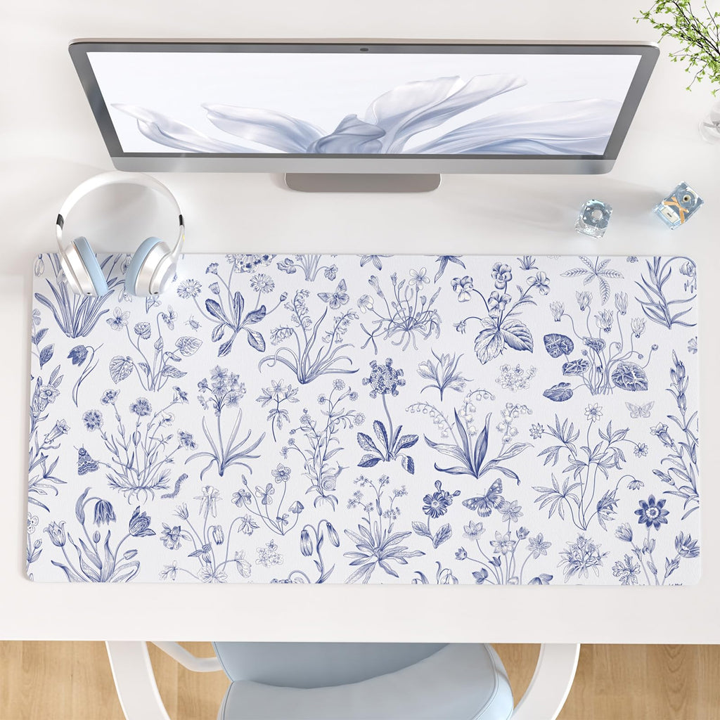 QIYI PU Leather Large Mouse Pad, Waterproof Desk Mat, 31.5" x 15.7", Peony