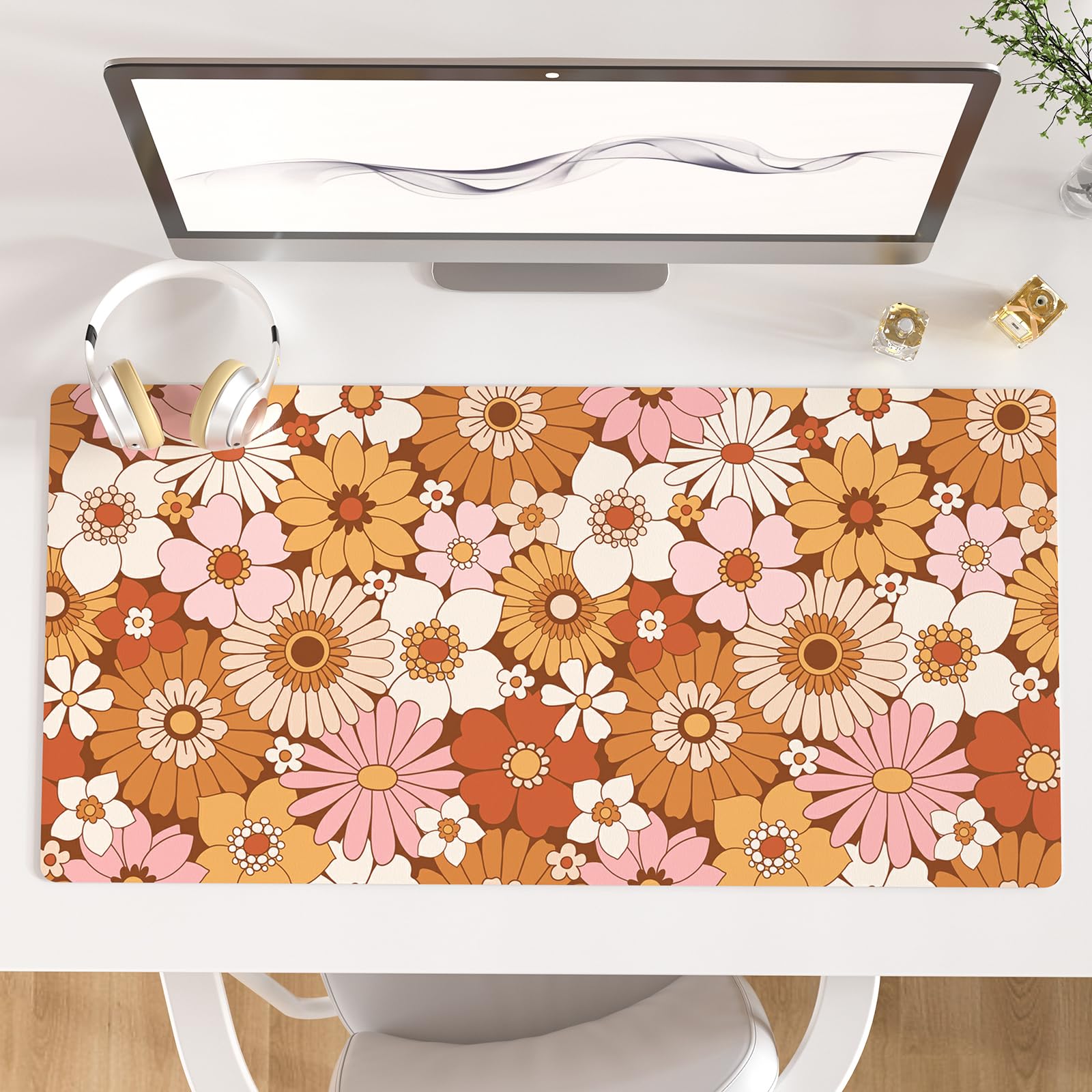 Faux Leather Large Mouse Pad, Office Desk Mat, 31.5"x15.7", Pink Floral