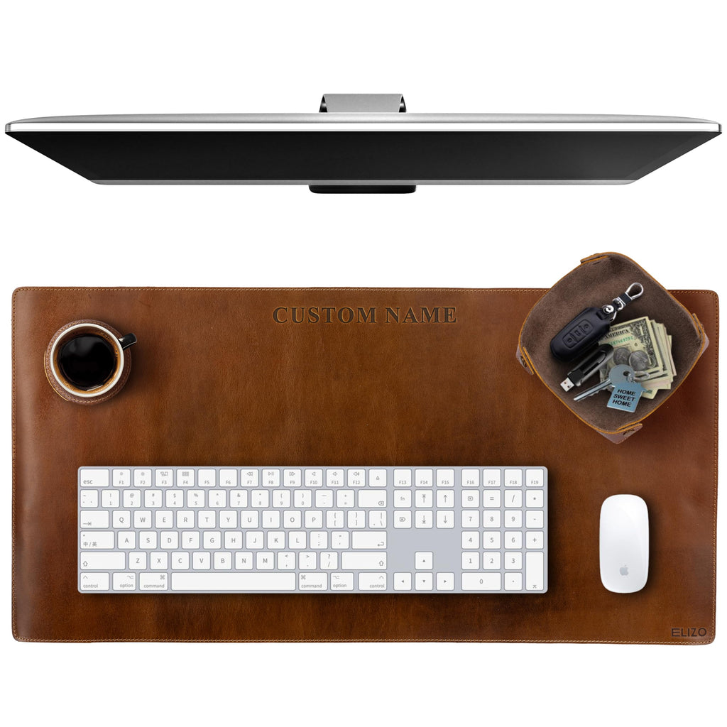 Elizo Real Leather Desk Mat Set (32x16) Large Desk Cover Desk Blotter Protector Computer Gaming Mouse Pad Table Laptop Office Desktop Accessories