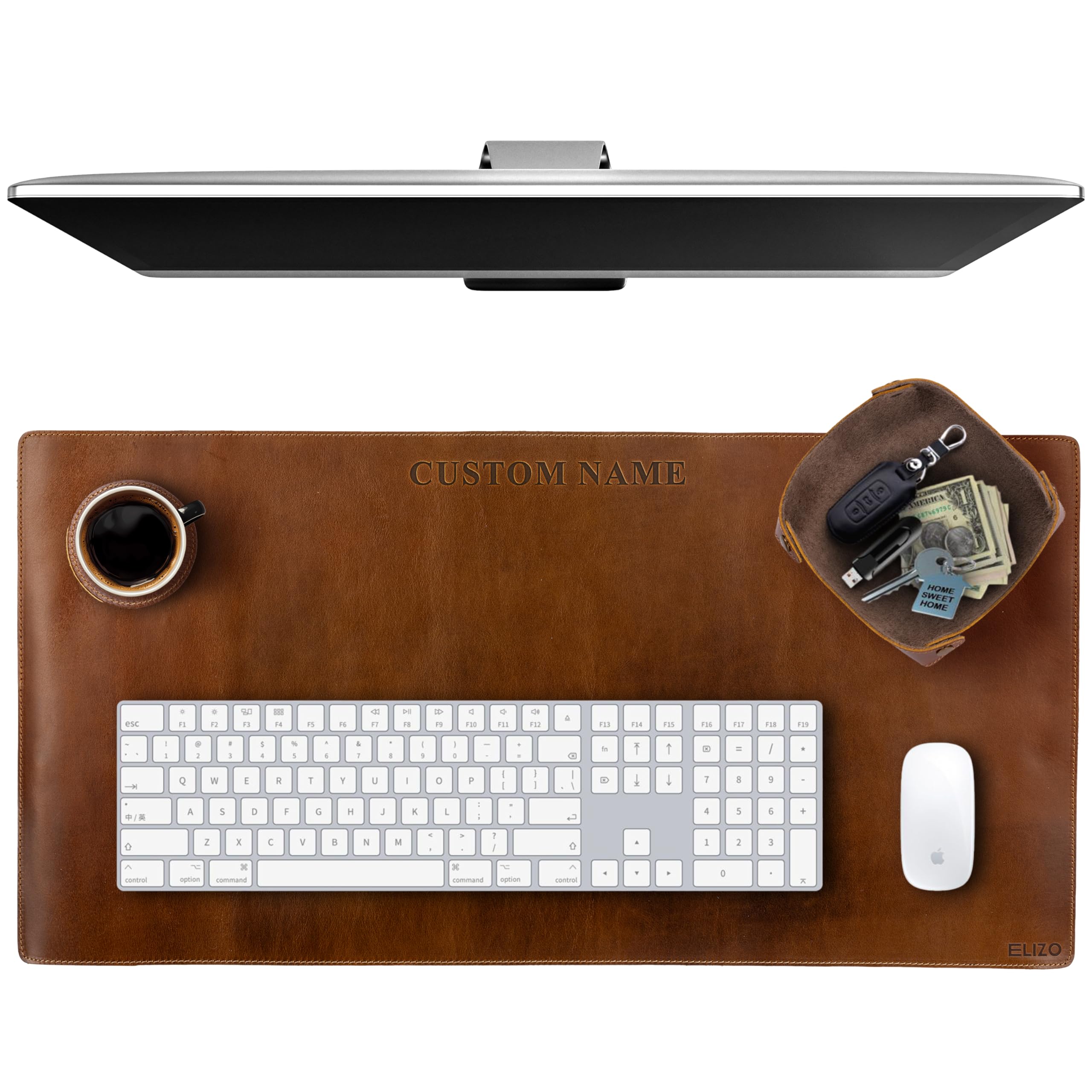 Elizo Real Leather Desk Mat Set (32x16) Large Desk Cover Desk Blotter Protector Computer Gaming Mouse Pad Table Laptop Office Desktop Accessories