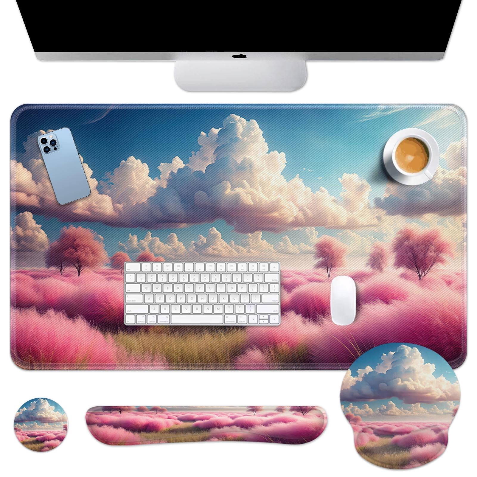 Britimes Keyboard Mouse Pad Set, 4 in 1 Desk Mat Set, Pink Rose Gold