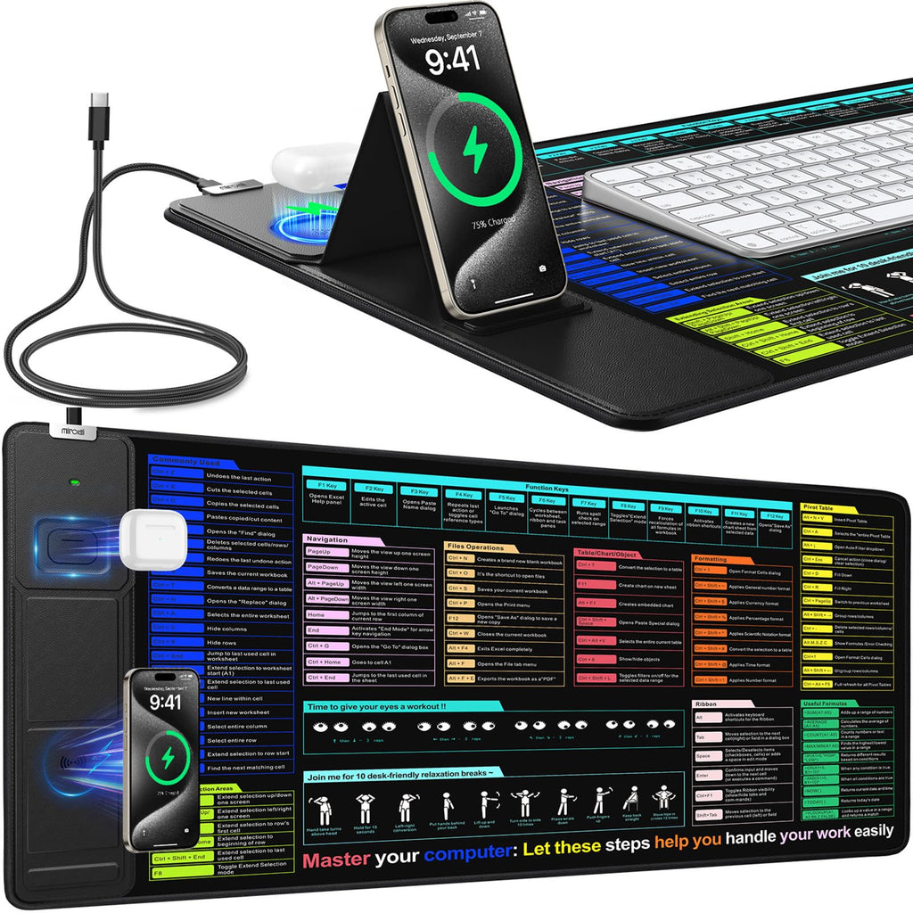 XXL Mouse Pad with Phone Holder - Black, RGB Desk Mat with 15W Fast Charging, LED Gaming Mousepad with 11 Light Colors, Waterproof Non-Slip Pad for Office & Home (Black with PD Adapter)