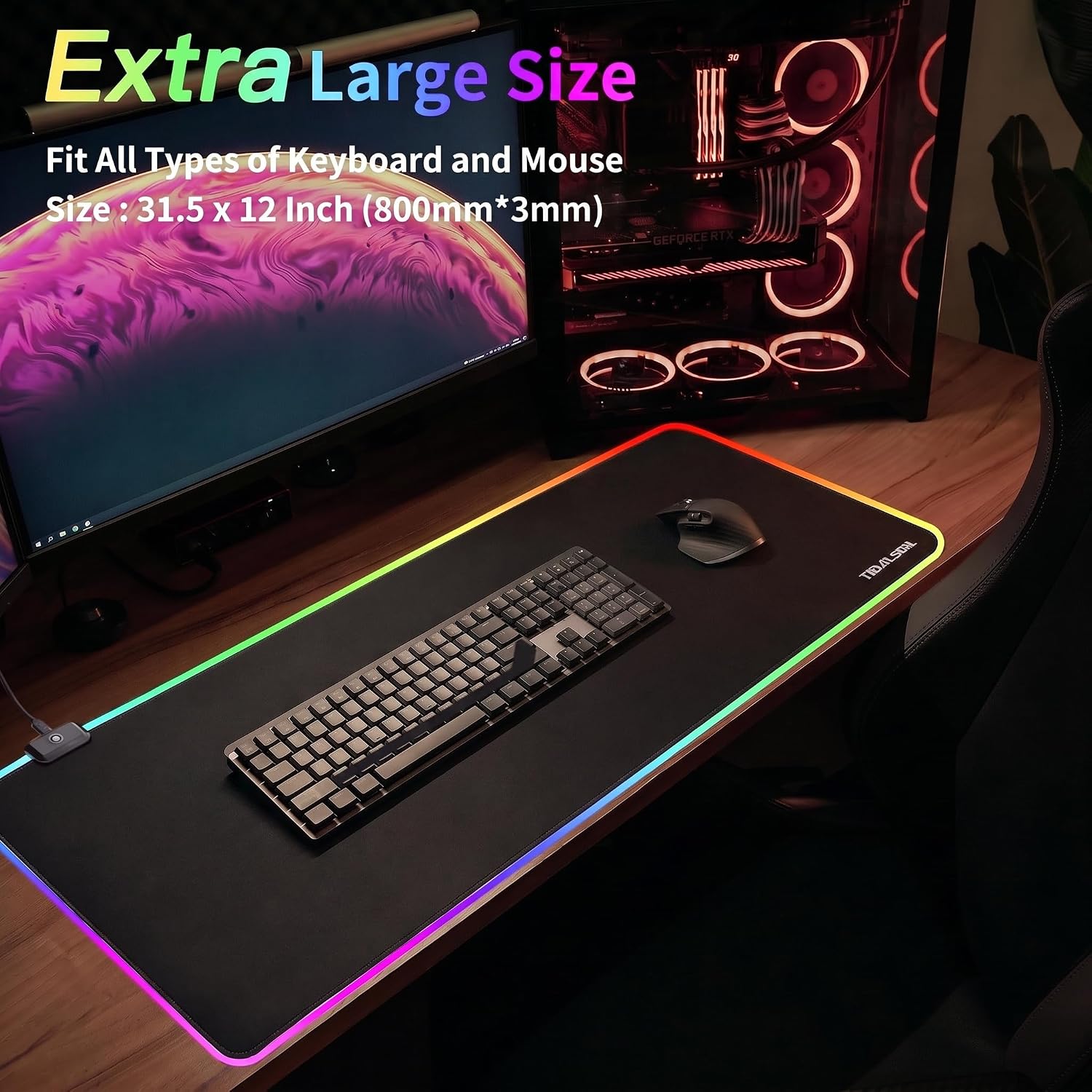 TIDALSOIL RGB Gaming Mouse Pad, 31.5x11.8 in Extended LED Desk Mat, Black