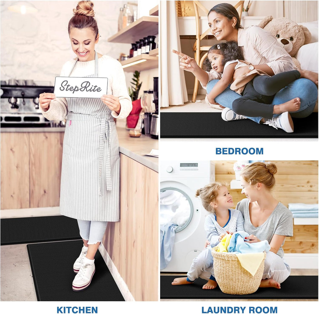 StepRite Kitchen Mats for Floor, 2-Piece Anti-Fatigue Kitchen Rugs, Black