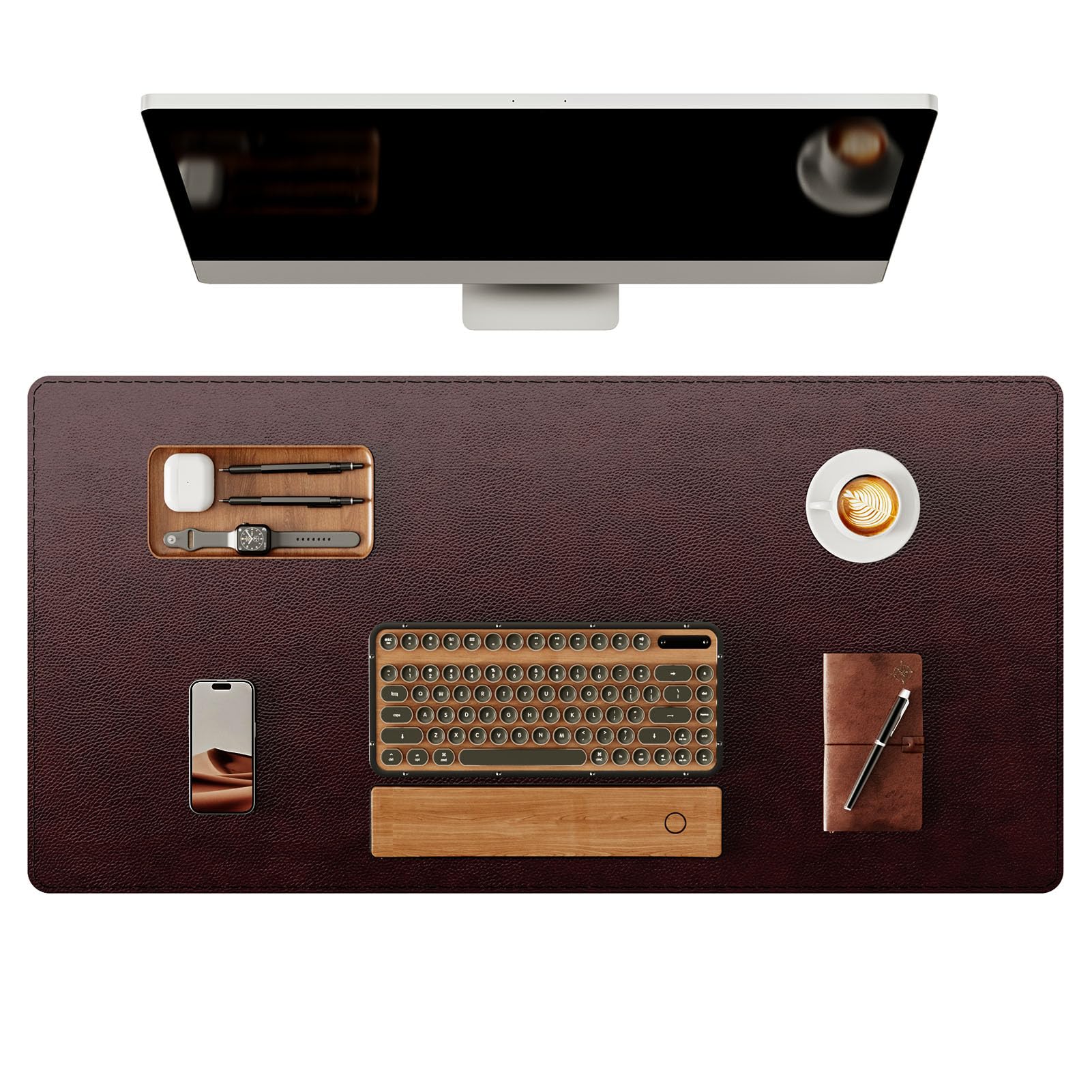 YSAGi Genuine Leather Desk Mat, 35.4"X17" Office Desk Pad, Thick Premium Table Pad with Stitched Line, Non-Slip Laptop Writing Pad with Rubber Base (Dark Brown, 35.4"x17")
