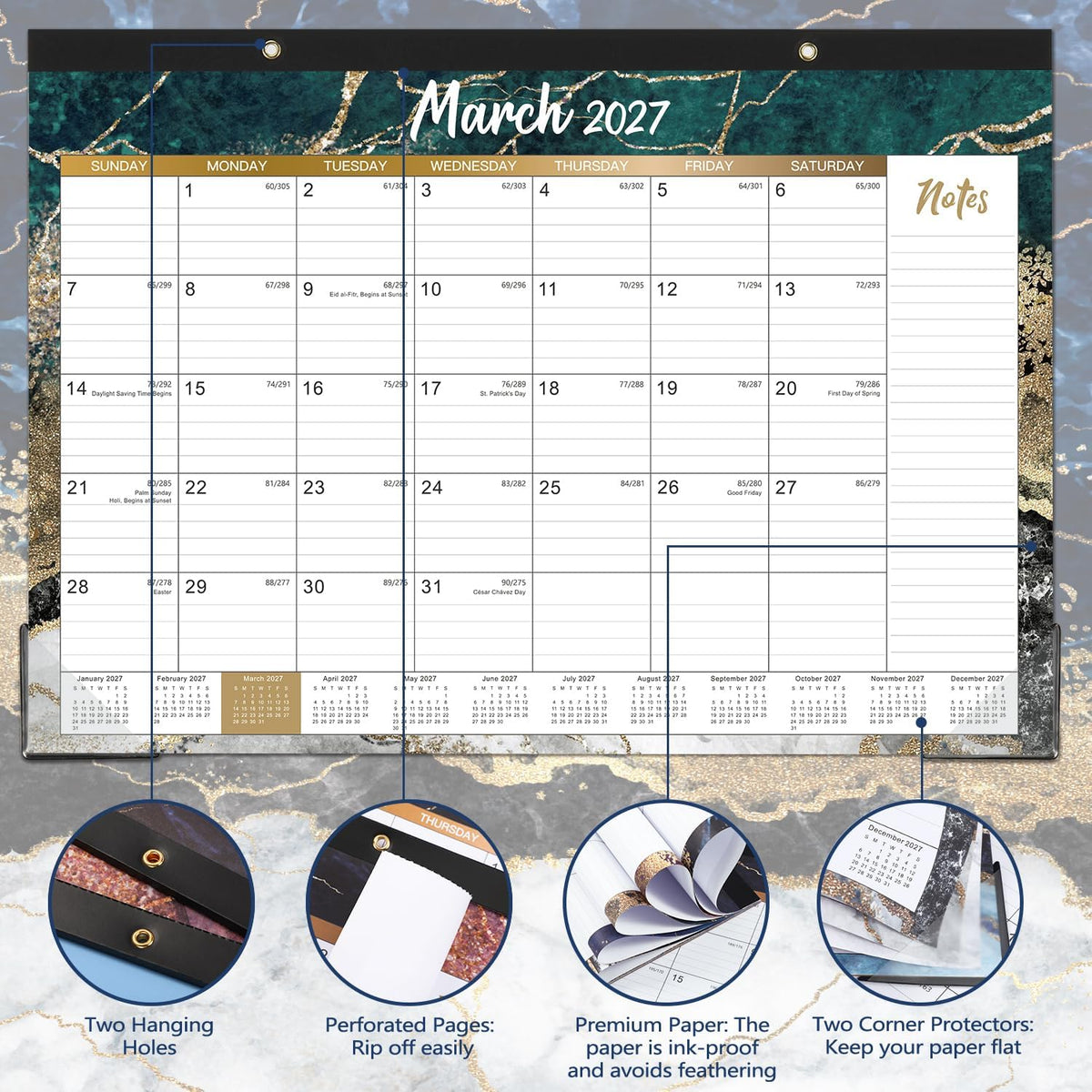 2027 Desk Calendar – Jan 2027 – Dec 2027, 12 Months Large Monthly Desk Calendar 2027, 17" x 12", Desk Pad, Ruled Blocks, To-do List & Notes, Tear Off, Best Desk/Wall Calendar, Gorgeous Marble Designs