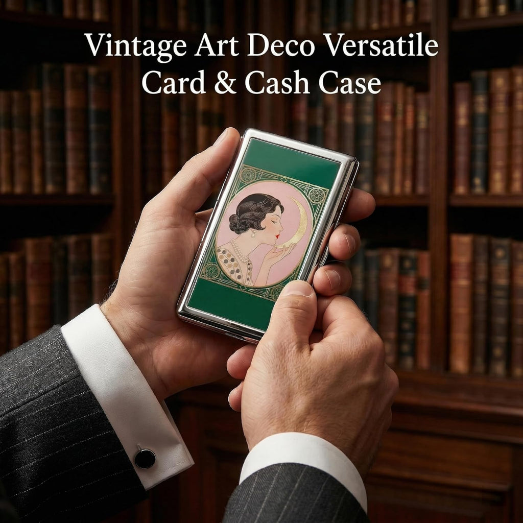 Vintage Art Deco Versatile Card & Cash Case, Slim Metal Wallet for Women Men Credit ID Business Cards (#A)