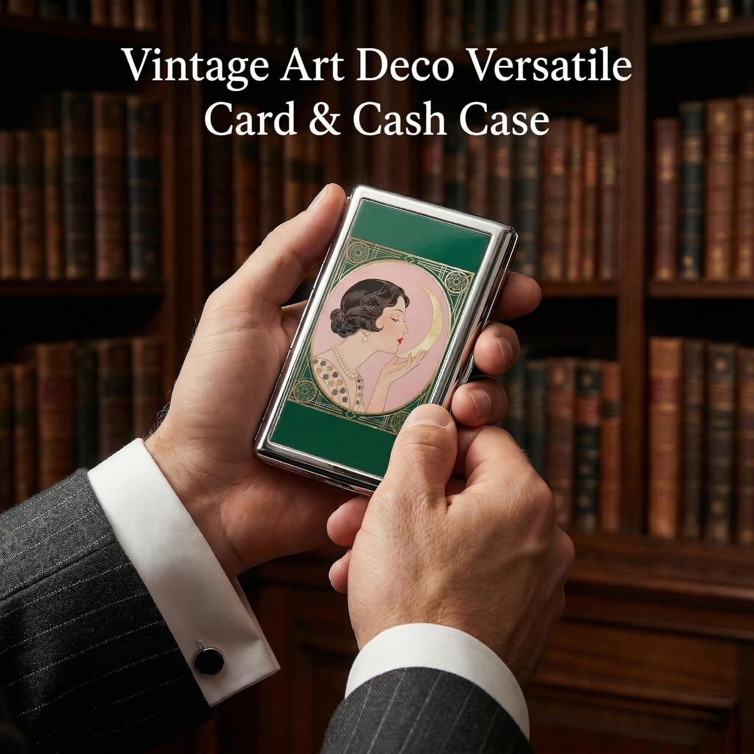 Vintage Art Deco Versatile Card & Cash Case, Slim Metal Wallet for Women Men Credit ID Business Cards (#A)
