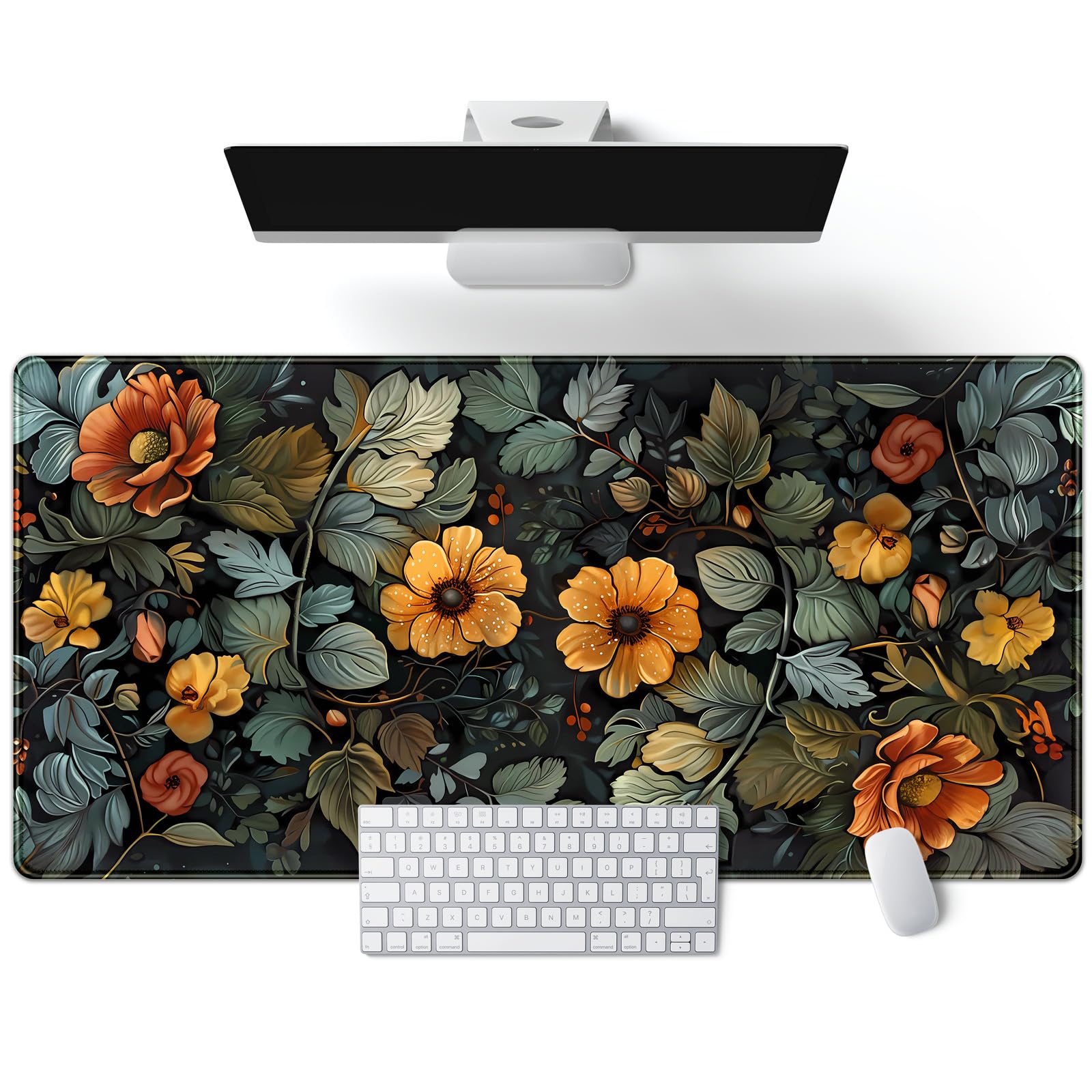 Purple Flowers Bookshelf Desk Mat Bookish Desk Pad Celestial Floral Books Large Mouse Pad XXL Extended Mousepad Aesthetic Keyboard Pad Crystal Globe Mouse Mat 31.5x15.7 in Office Decor for Women