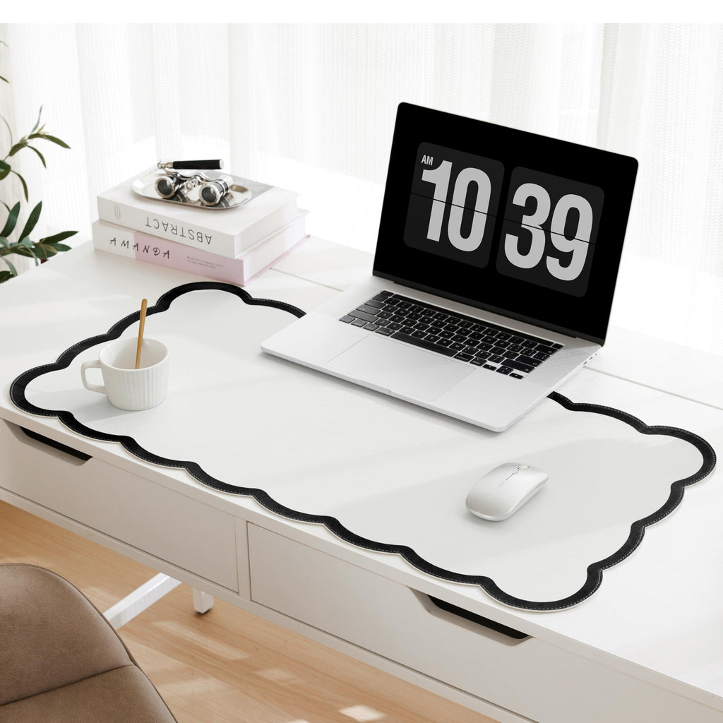 Scalloped Desk Mat, 31.5" x 15.7" Large Cute Aesthetic Desk Accessories, PU Leather Computer Laptop Desk Mouse Keyboard Pad, Desk Writing Mat for Vanity/Work/Home Decor (Pink, 31.5" x 15.7")