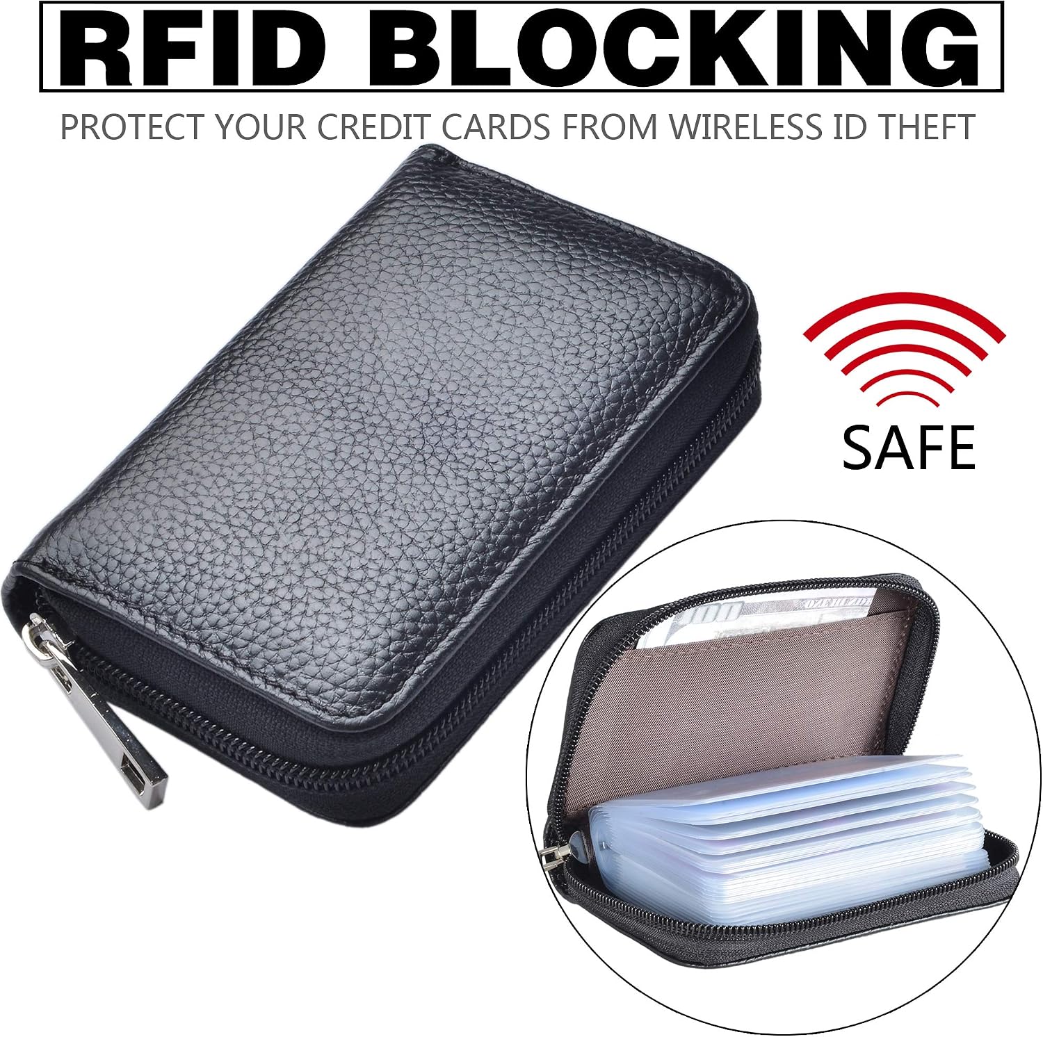 Easyoulife Genuine Leather Credit Card Holder Zipper Wallet With 26 Card Slots