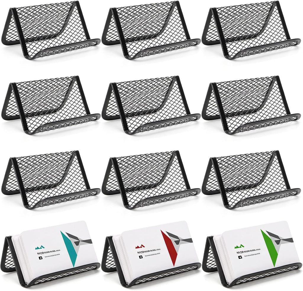 12 Pack Business Card Holder for Desk, Metal Mesh Business Card Stand Desktop Display Rack, Black Business Card Organizer Holds up to 50 Name Cards for Office
