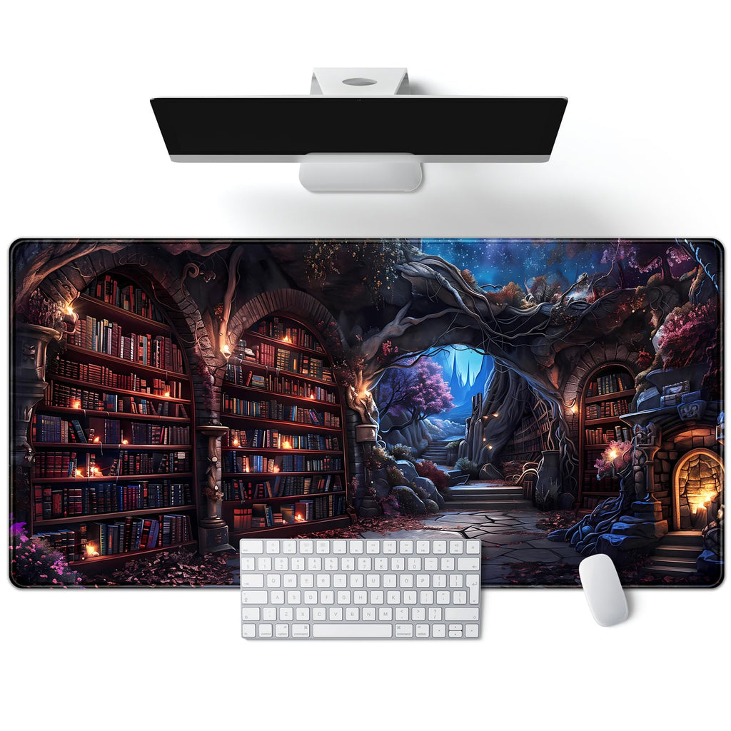 Purple Flowers Bookshelf Desk Mat Bookish Desk Pad Celestial Floral Books Large Mouse Pad XXL Extended Mousepad Aesthetic Keyboard Pad Crystal Globe Mouse Mat 31.5x15.7 in Office Decor for Women