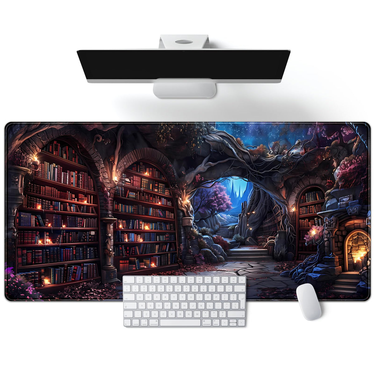 Purple Flowers Bookshelf Desk Mat Bookish Desk Pad Celestial Floral Books Large Mouse Pad XXL Extended Mousepad Aesthetic Keyboard Pad Crystal Globe Mouse Mat 31.5x15.7 in Office Decor for Women