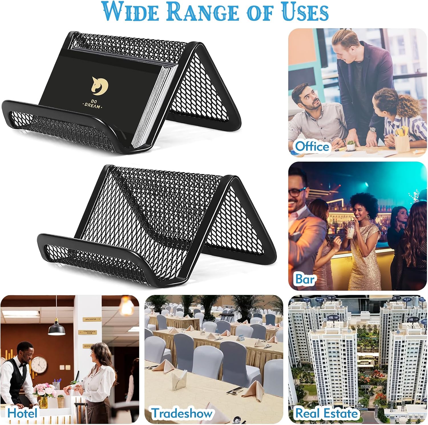 2 Pcs Black Business Card Holder Desk, Wire Mesh Business Card Holder Display, Desktop Business Card Stand, Metal Business Card Display Holder for real estate, Office, Tradeshow, Bar (2)
