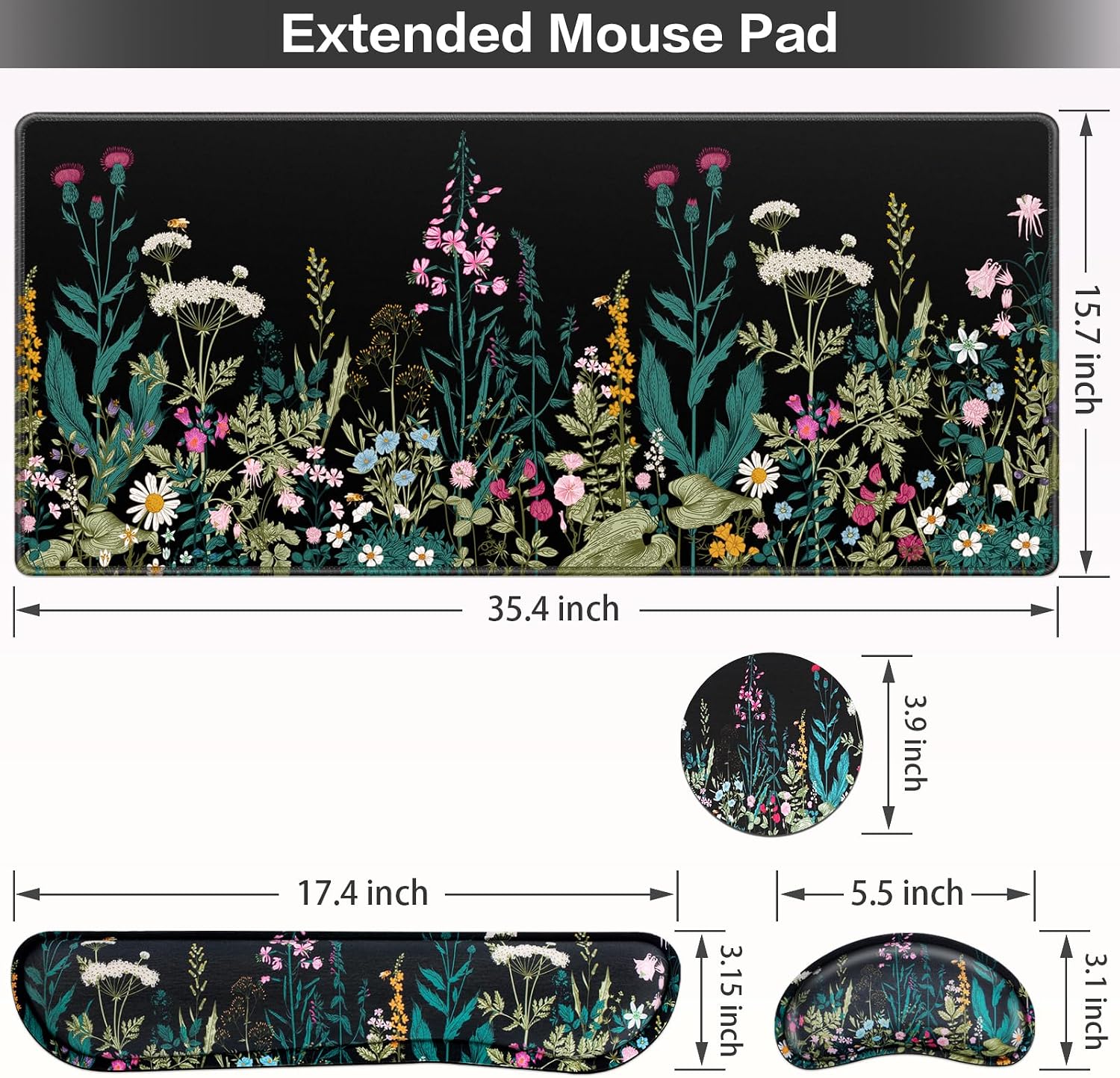 Desk Mat, Large Gaming Mouse Pad with Wrist Rest, 4in1 XXL Mousepad Floral