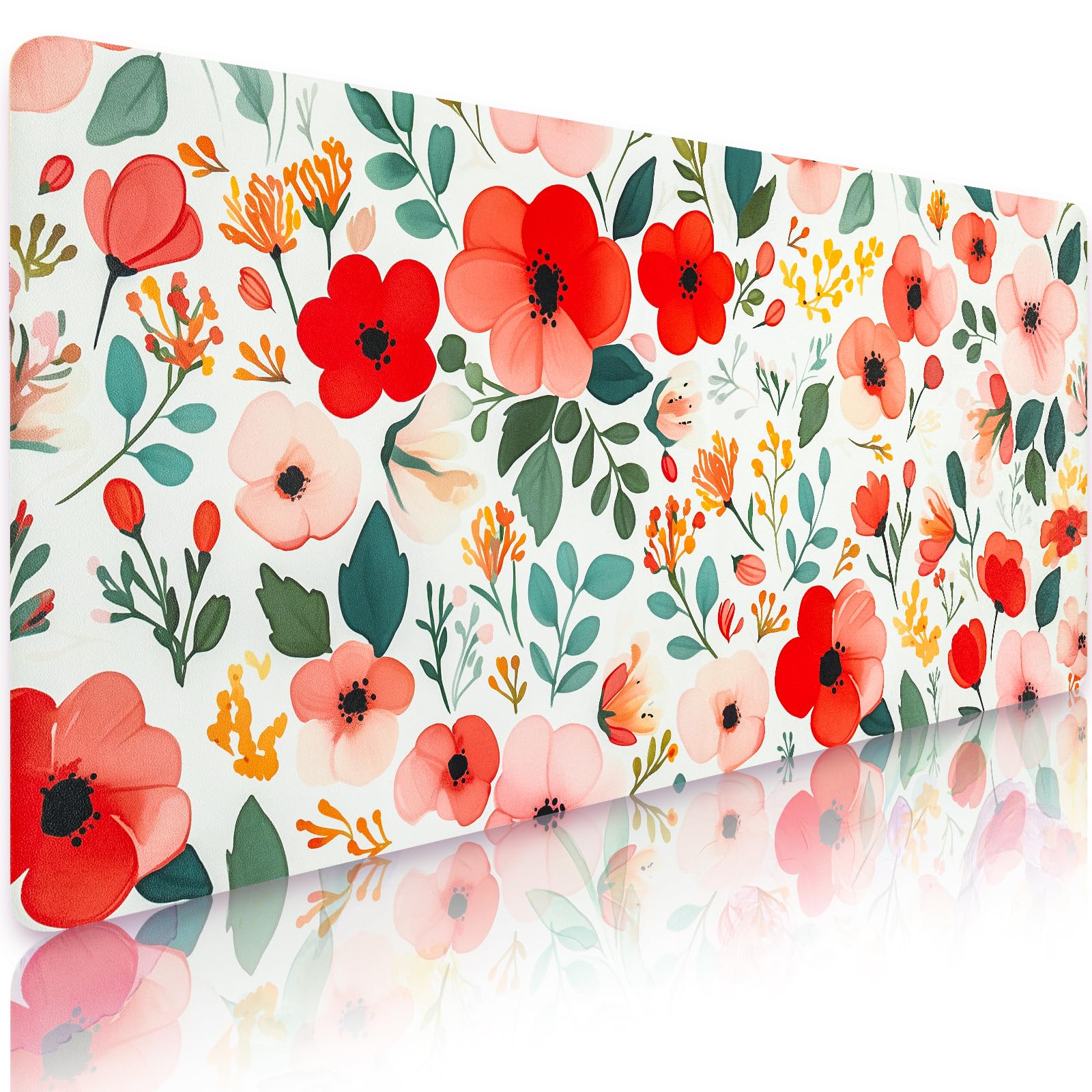 Bloss Pink Floral Desk Mat Cute, Leather Desk Pad, 31.5 x 15.7 Inch