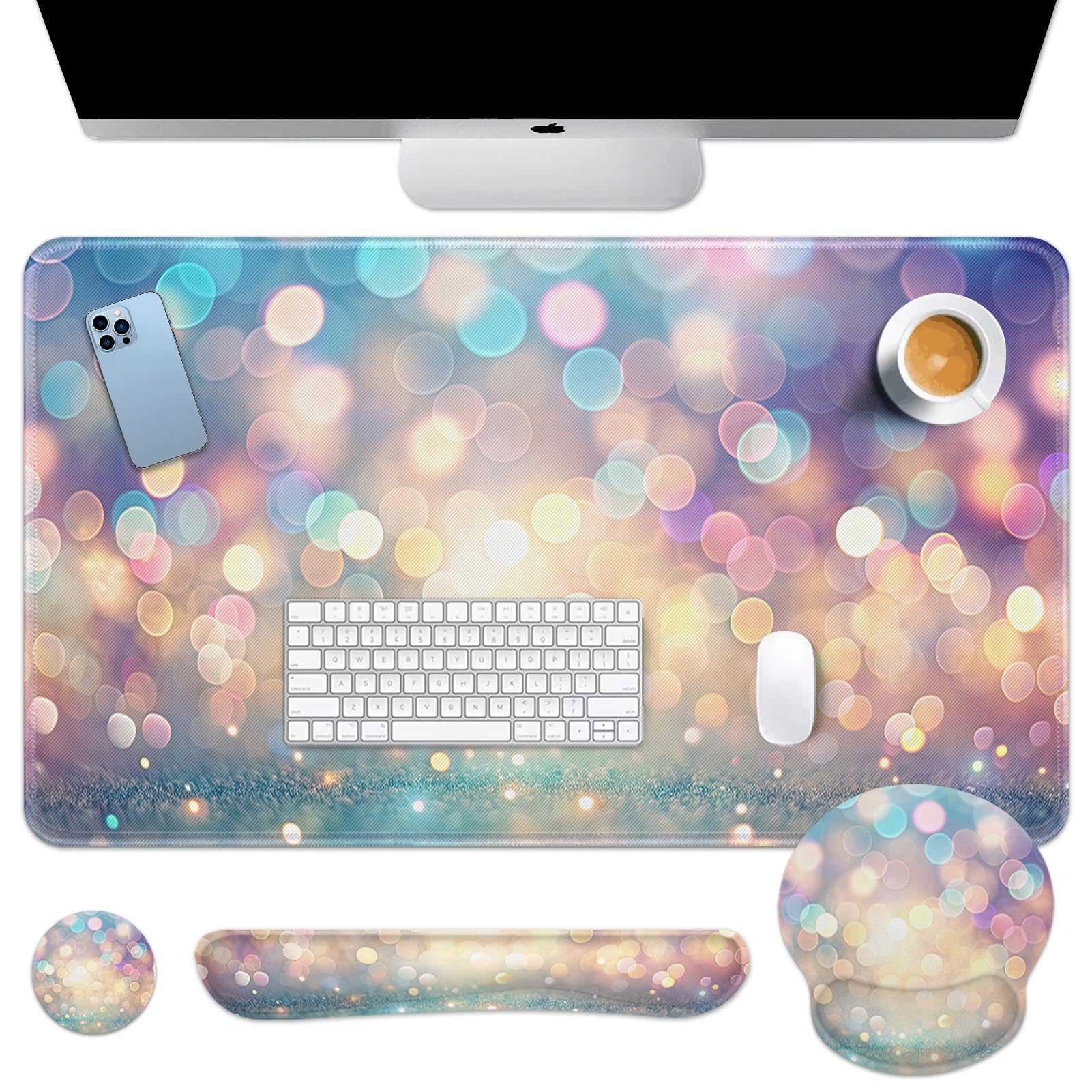 Britimes Keyboard Mouse Pad Set, 4 in 1 Desk Mat Set, Pink Rose Gold