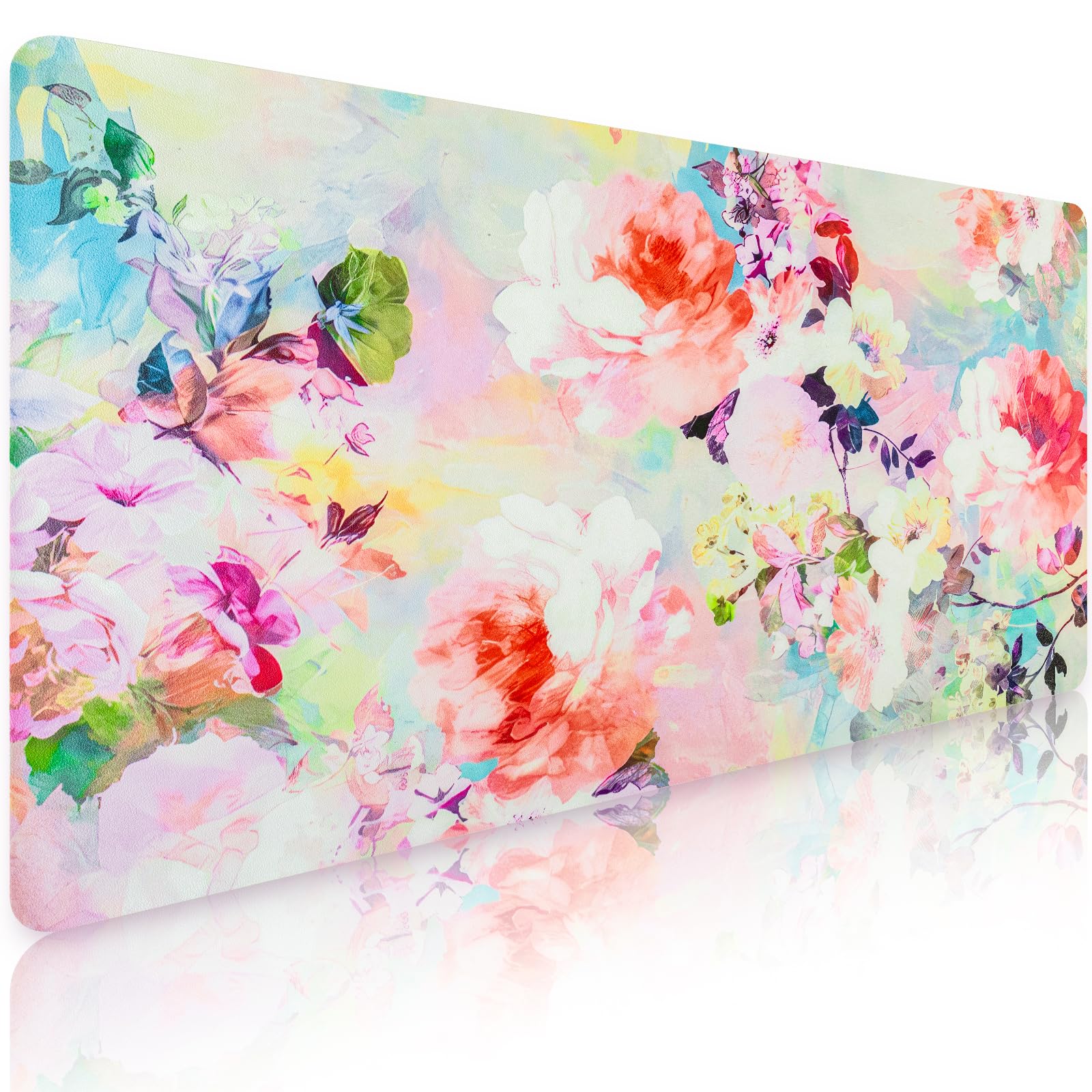 Bloss Pink Floral Desk Mat Cute, Leather Desk Pad, 31.5 x 15.7 Inch