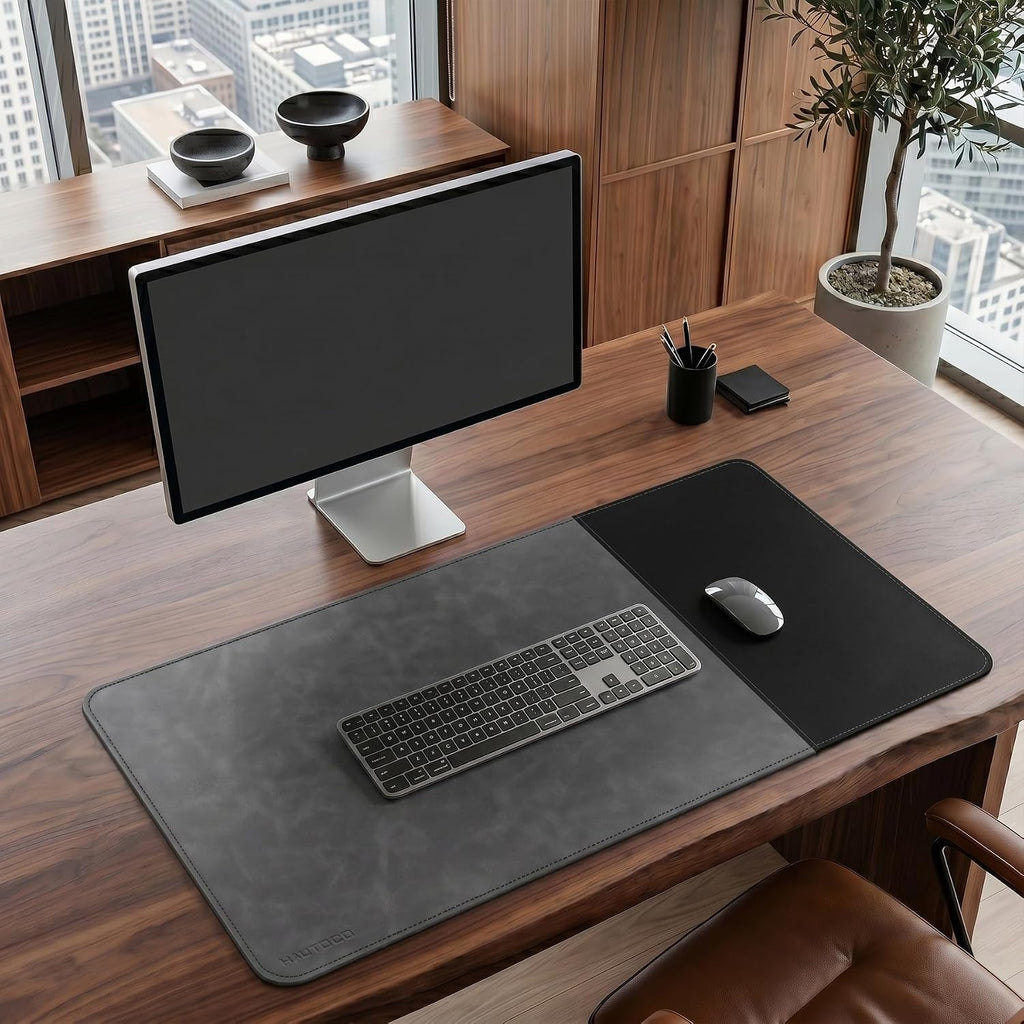 HAUTOCO Cork Desk Mat 31.5"x15.7", Distressed PU Leather & Cloth Desk Pad