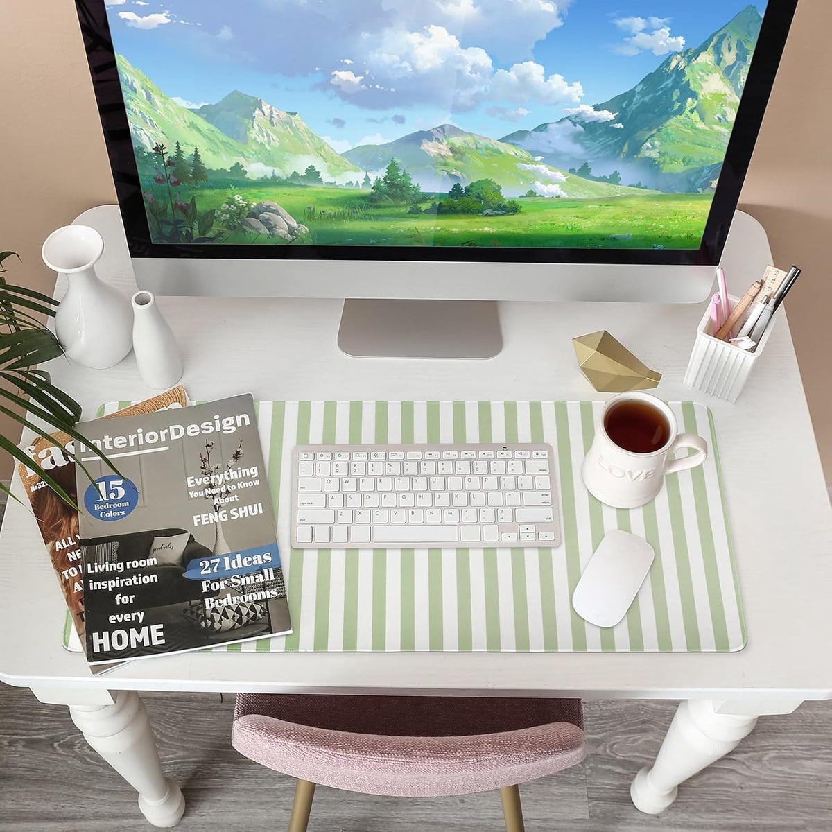 Green Striped Desk Mat Large Mouse Pad Cute Desk Pad Keyboard Computer Mat