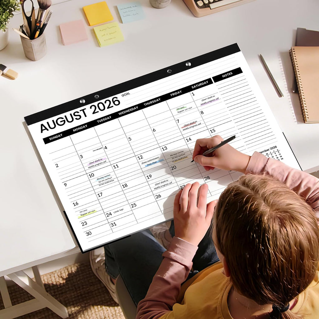 SUNEE Desk Calendar 2026-2027, 17" x 12", 18-Month Monthly Desk Calendar from Jul. 2026 - Dec. 2027, Academic Desk Calendar with Notes Section for Teacher, School, Black With Note