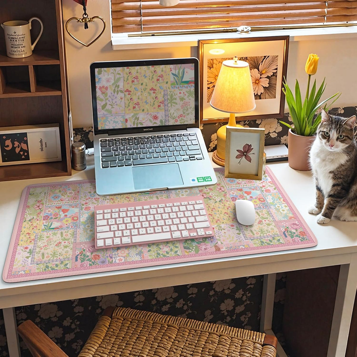 iCasso Desk Mat,Mouse Pad for Office Desk,35.4x15.7in,Pink Flowers