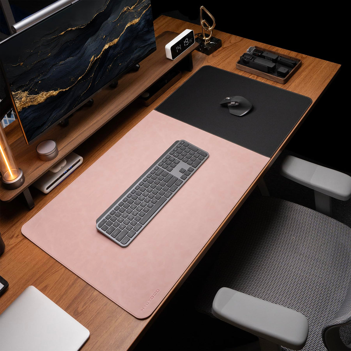 HAUTOCO Cork Desk Mat 31.5"x15.7", Distressed PU Leather & Cloth Desk Pad