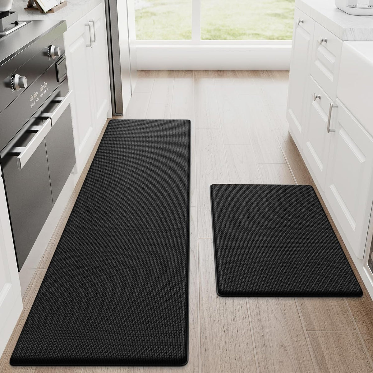 StepRite Kitchen Mats for Floor, 2-Piece Anti-Fatigue Kitchen Rugs, Black