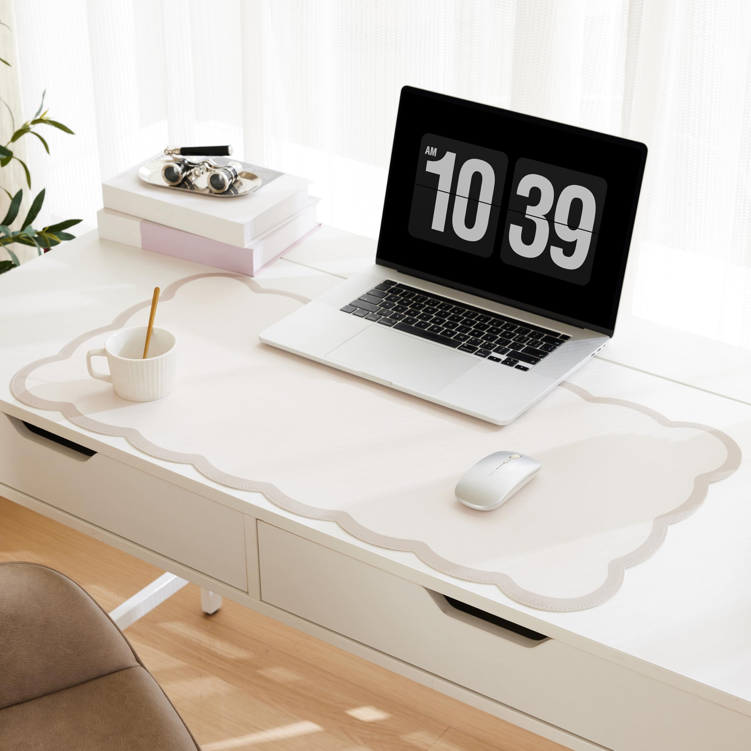 Scalloped Desk Mat, 31.5" x 15.7" Large Cute Aesthetic Desk Accessories, PU Leather Computer Laptop Desk Mouse Keyboard Pad, Desk Writing Mat for Vanity/Work/Home Decor (Pink, 31.5" x 15.7")