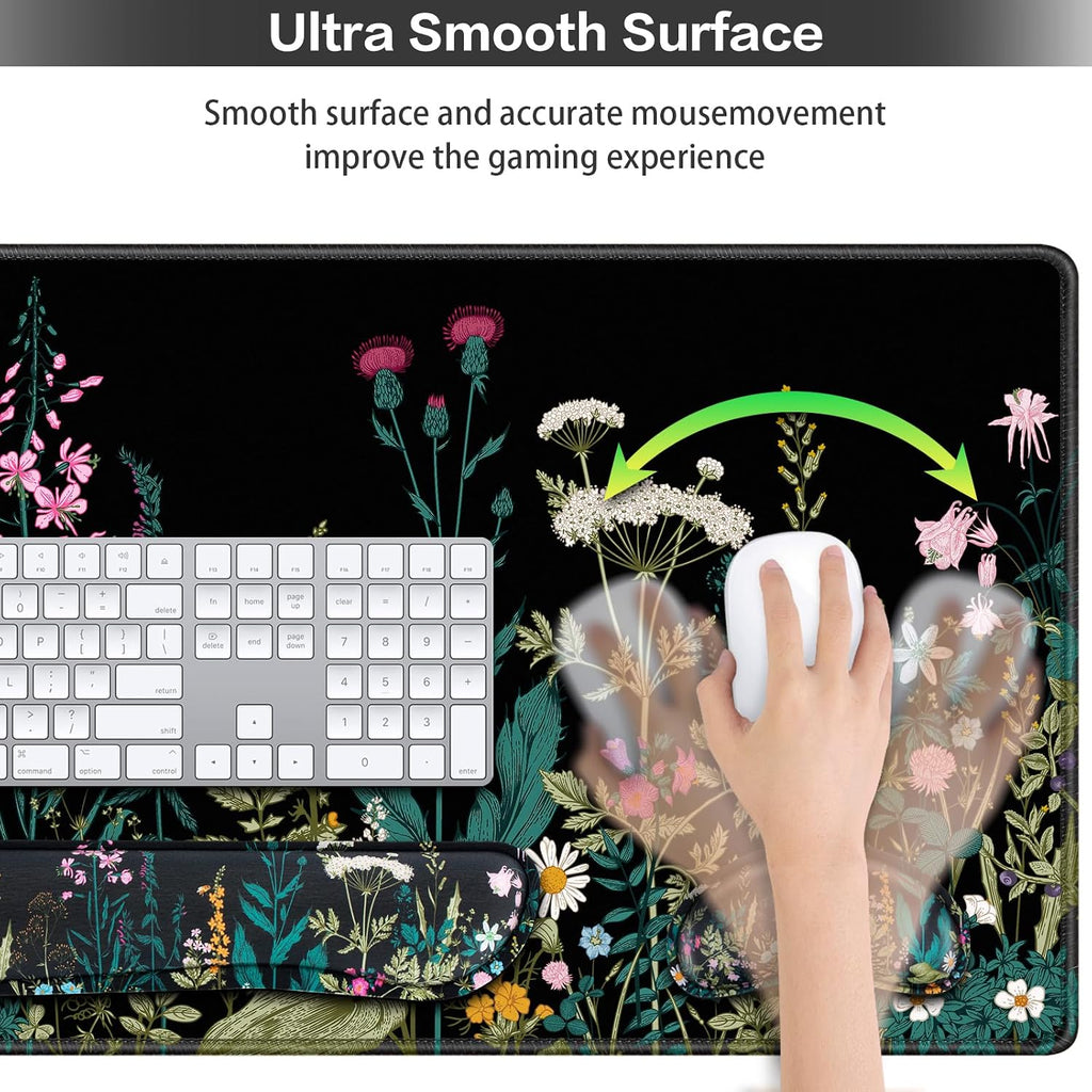 Desk Mat, Large Gaming Mouse Pad with Wrist Rest, 4in1 XXL Mousepad Floral