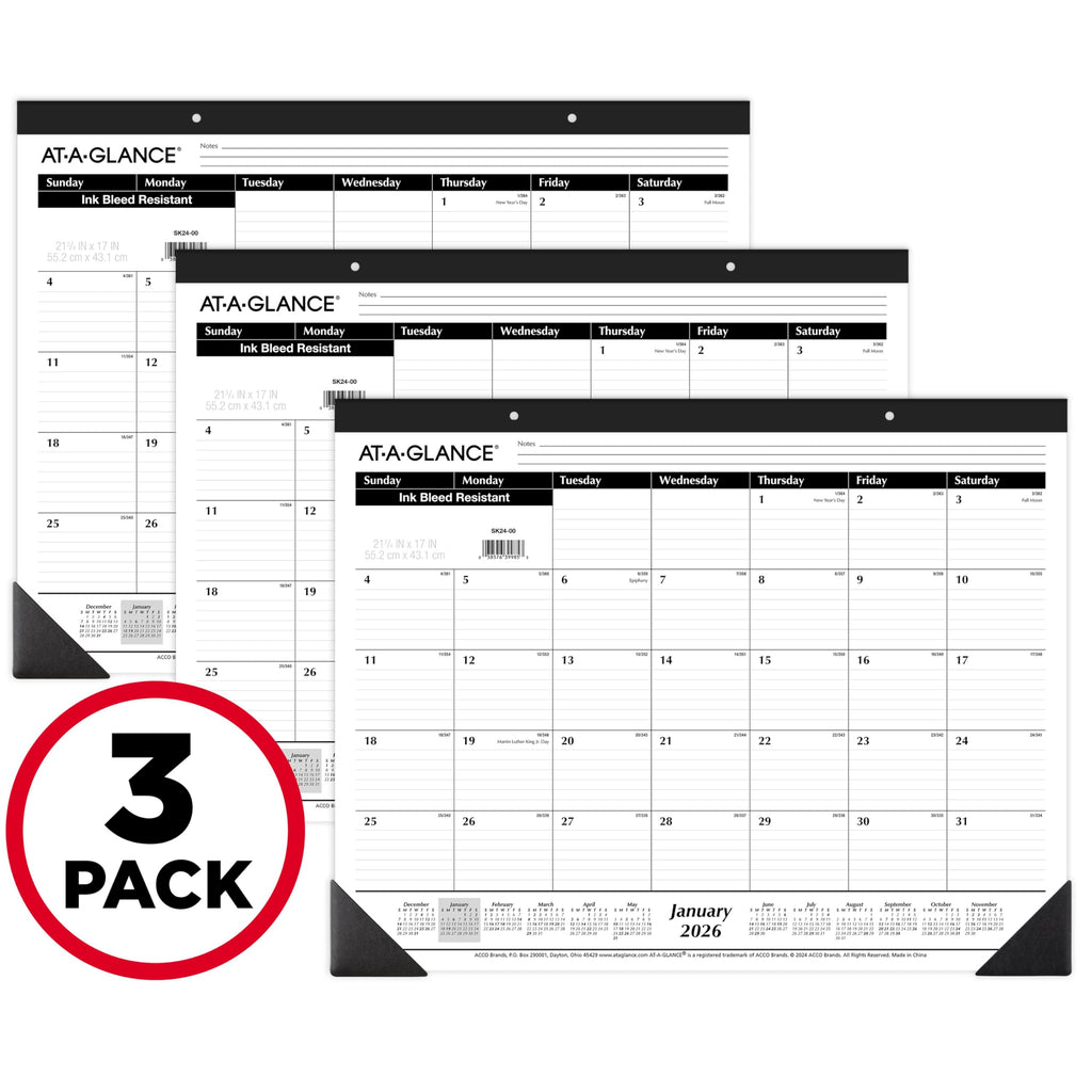 AT-A-GLANCE 2027 Desk Pad Calendar, Monthly Desk Wall Planner, 21.75" x 17", Ruled Blocks, 3 Pack (AZSK240027), White